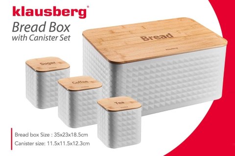 KLAUSBERG KB-7483 — biały chlebak i 3 pojemniki z bambusowymi pokrywkami