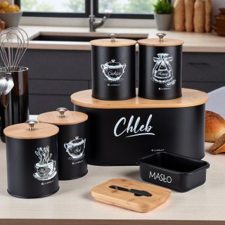 Komplet kuchenny E-6079 — chlebak, 4 pojemniki i maselniczka, czarny
