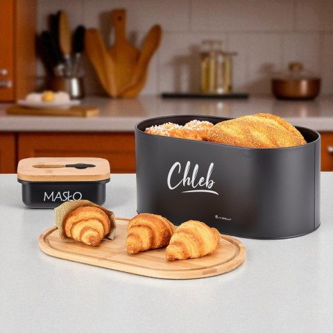Komplet kuchenny E-6079 — chlebak, 4 pojemniki i maselniczka, czarny