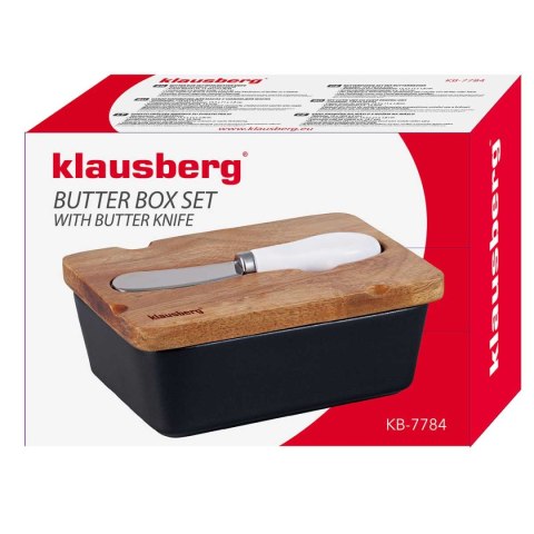 KLAUSBERG KB-7784 — czarna porcelanowa maselniczka z akacjową pokrywką i nożykiem