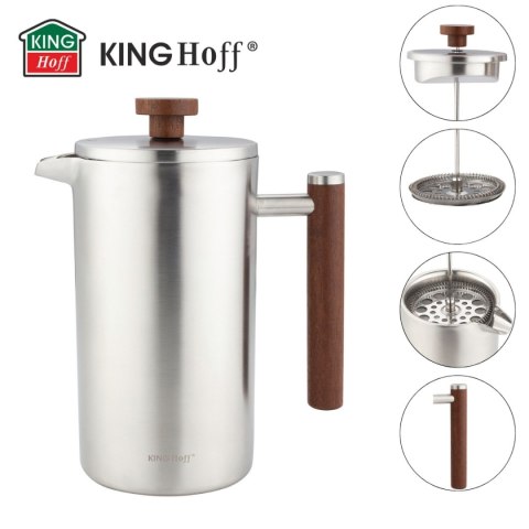 KINGHOFF KH-1995 — stalowy French press z drewnianym uchwytem, 1 l