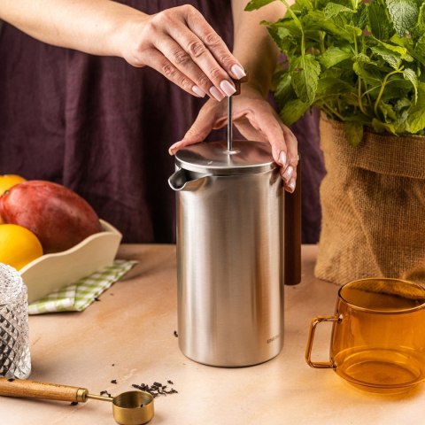KINGHOFF KH-1995 — stalowy French press z drewnianym uchwytem, 1 l