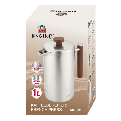 KINGHOFF KH-1995 — stalowy French press z drewnianym uchwytem, 1 l