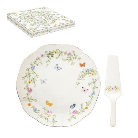 Tańczące Motyle - Zestaw Patera na Ciasto i Łopatka Porcelanowy w Ozdobnym Pudełku