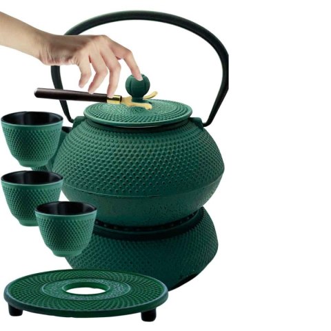 Zestaw herbaciany - imbryk żeliwny 900 ml i 4 czarki, zielony, z podgrzewaczem