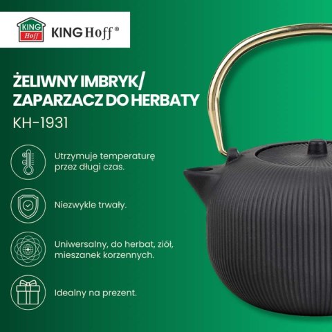 KINGHOFF KH-1931 — żeliwny imbryk z filtrem i złotym uchwytem, 1 l