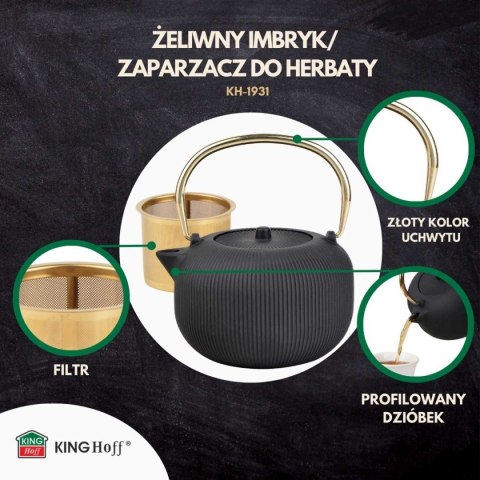KINGHOFF KH-1931 — żeliwny imbryk z filtrem i złotym uchwytem, 1 l
