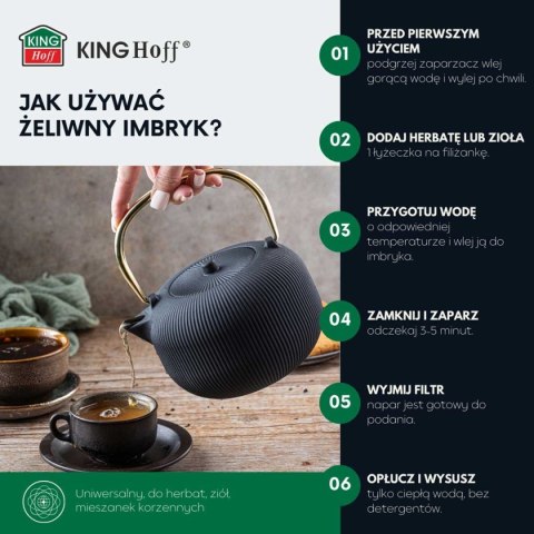 KINGHOFF KH-1931 — żeliwny imbryk z filtrem i złotym uchwytem, 1 l