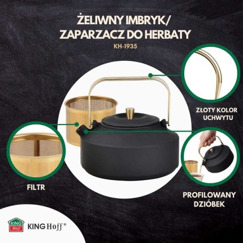 KINGHOFF KH-1935 – żeliwny dzbanek z filtrem, czarny ze złotymi akcentami, 1 l