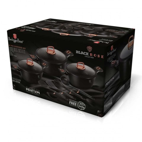 Berlinger Haus BH-6154 BLACK ROSE — zestaw 3 garnków z pokrywkami i 4 przyborami