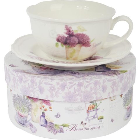Komplet ceramiczny filiżanka z talerzykiem z bzem w wazonie w prezentowym kartoniku