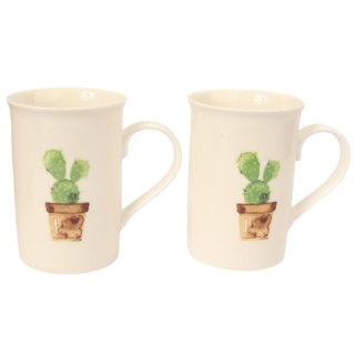 Zestaw Prezentowy Green Love - Dwa Kubki Ceramiczne z Łyżeczkami o Motywie Kaktusa