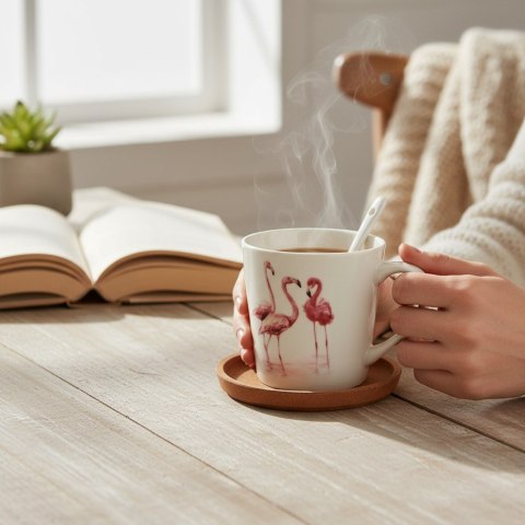 Zestaw prezentowy kubek i łyżeczka ceramiczna we flamingi