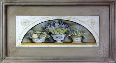 Obraz Kwiaty w dzbanku — 30 × 56 cm, brązowa oprawa i efekt postarzania