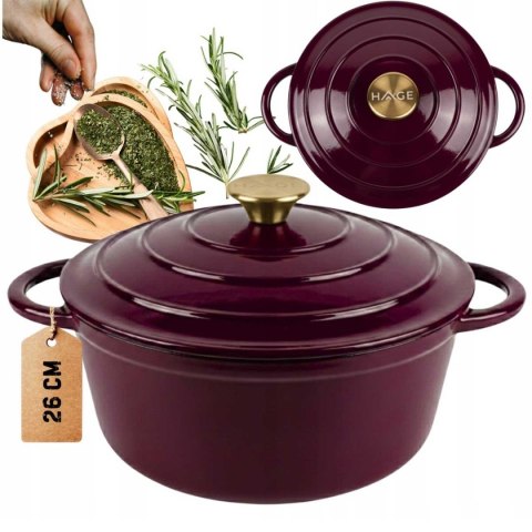 HAGE – garnek żeliwny emaliowany, bakłażanowy, 26 cm, 5 l