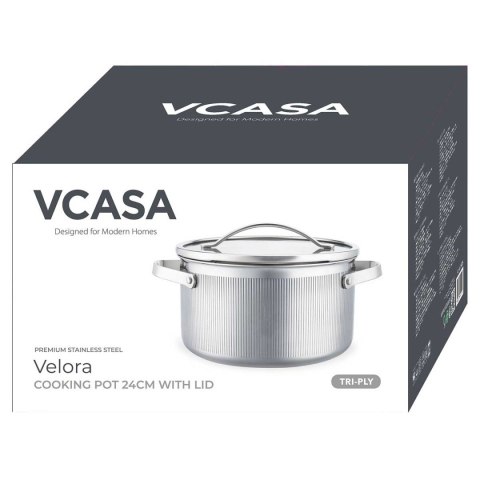 VCASA VC-90125 VELORA — garnek stalowy ze szklaną pokrywką do odcedzania, 24 cm, 5,8 l